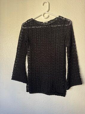 Cache Black Open-Knit Round Neck Top